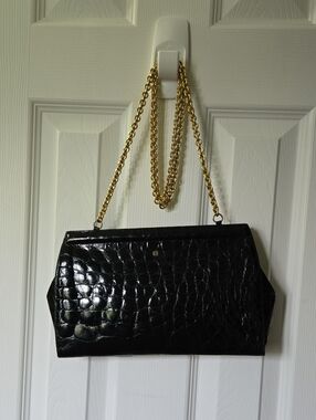 Loewe Vintage Loewe Black Croc-Embossed Chain Shoulder Bag